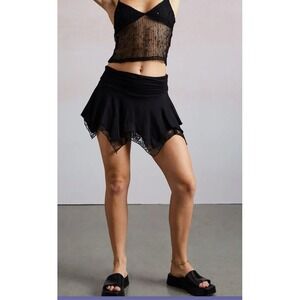 Third Charm | Black Lace Trim Handkerchief Hem Mini Skirt Ruched Waist | Small